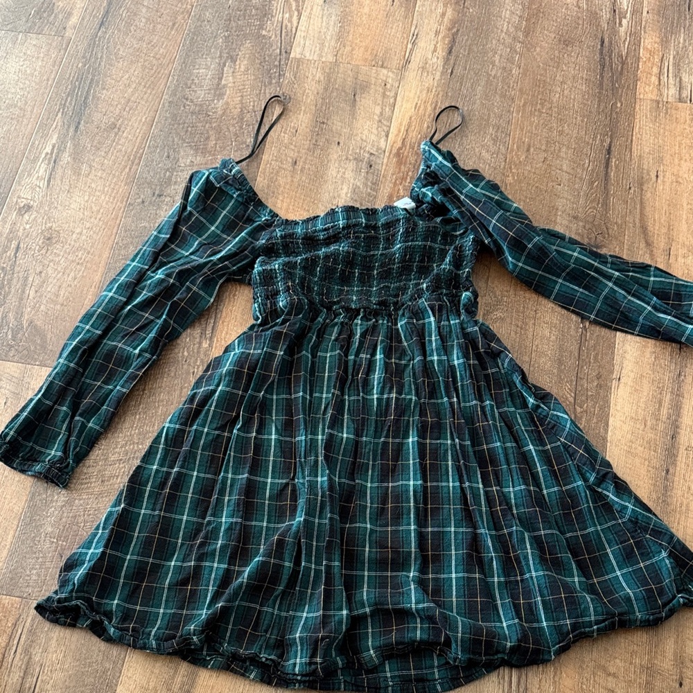 Old Navy Teal and Black Plaid Off-Shoulder Girls Dress